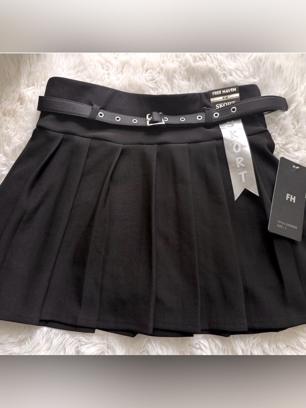 Black Pleated Mini Skirt with Belt